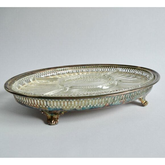 Vintage Silver Plate Large Glass Insert Serving Platter Divided Footed - Picture 2 of 5